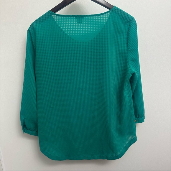 J Crew Sheer Checkered Green Top 3/4 Sleeve Button Scoop Neck Medium - Picture 3 of 5